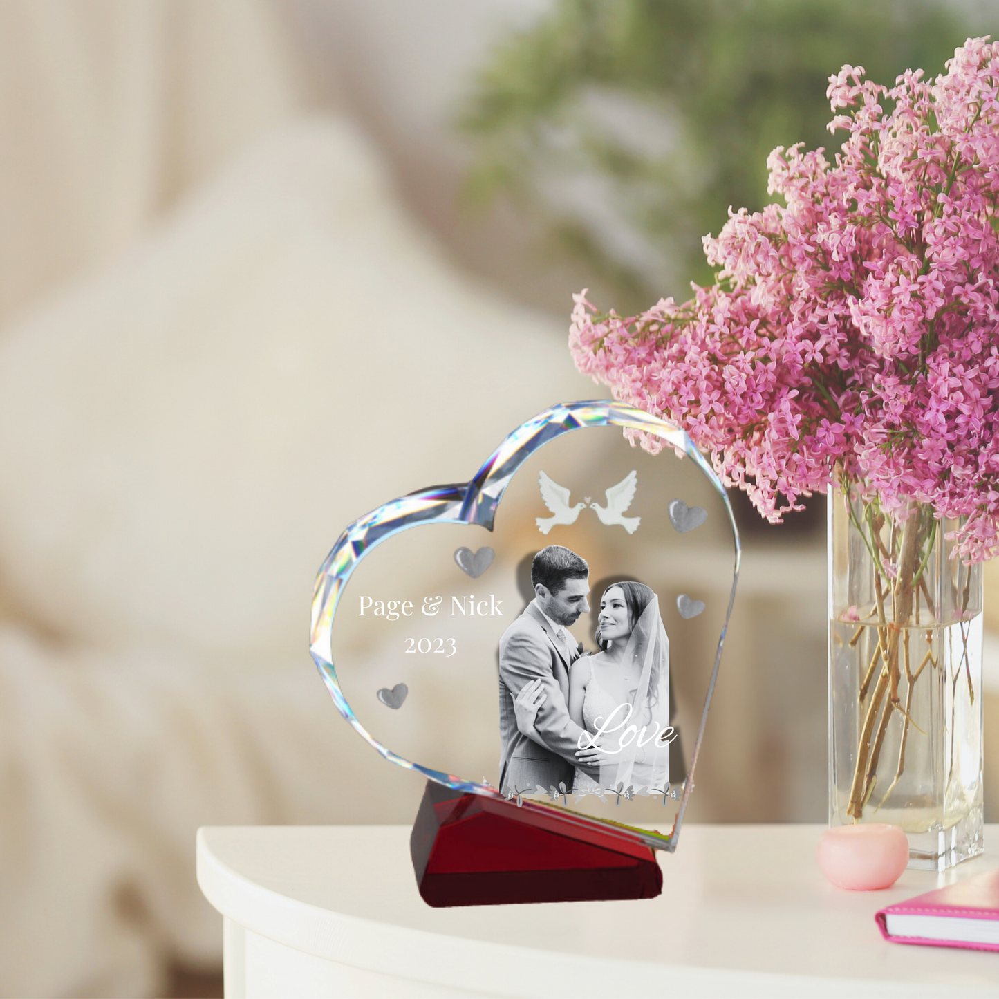 3D Heart Crystal on Slanted Red Base