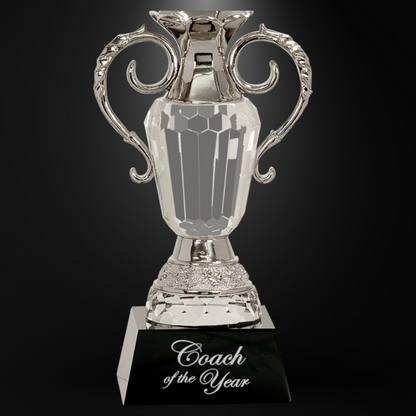 8" Crystal Cup with Silver Metal Handles on Black Pedestal Base