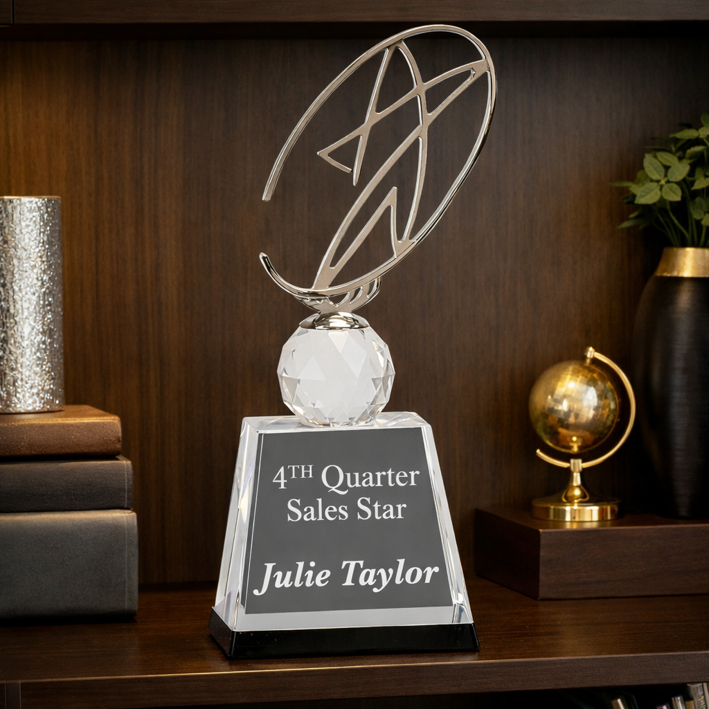 10" Clear/Black Crystal Award with Silver Metal Oval Star