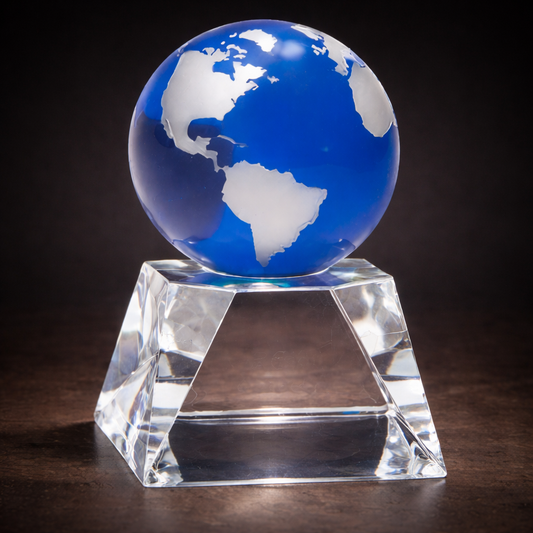 5" Blue Crystal Globe on Clear Crystal Cube Base