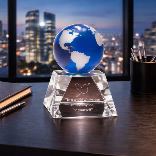 5" Blue Crystal Globe on Clear Crystal 3D Cube Base