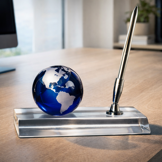 7" Blue Crystal Globe with Base and Pen