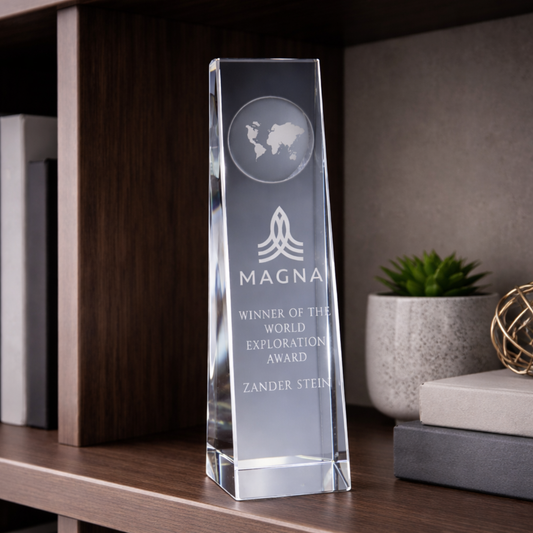 Clear Crystal Slant Front Rectangle with Engraved Globe