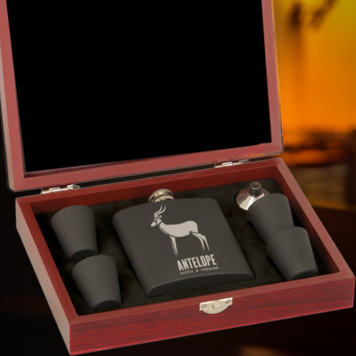 Whiskey Stainless Steel Flask and Shot Glasses in Wood Presentation Box