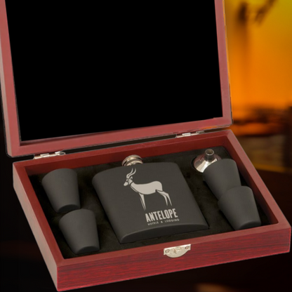 Whiskey Stainless Steel Flask and Shot Glasses in Wood Presentation Box
