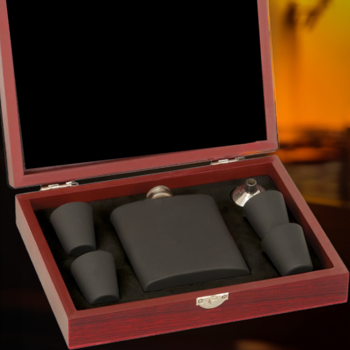 Whiskey Stainless Steel Flask and Shot Glasses in Wood Presentation Box