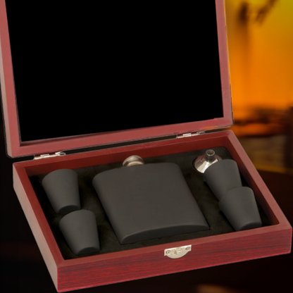 Whiskey Stainless Steel Flask and Shot Glasses in Wood Presentation Box