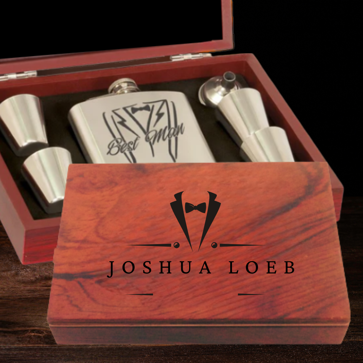 Whiskey Stainless Steel Flask and Shot Glasses in Wood Presentation Box