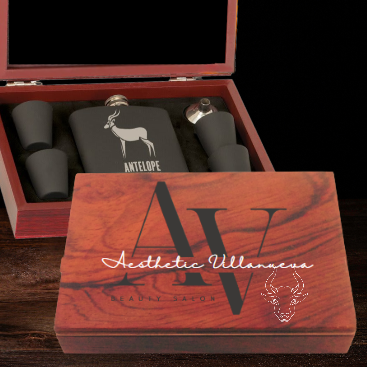 Whiskey Stainless Steel Flask and Shot Glasses in Wood Presentation Box