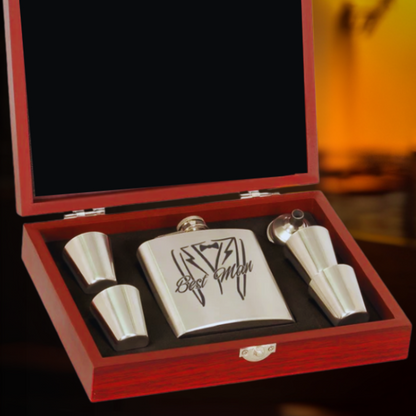 Whiskey Stainless Steel Flask and Shot Glasses in Wood Presentation Box