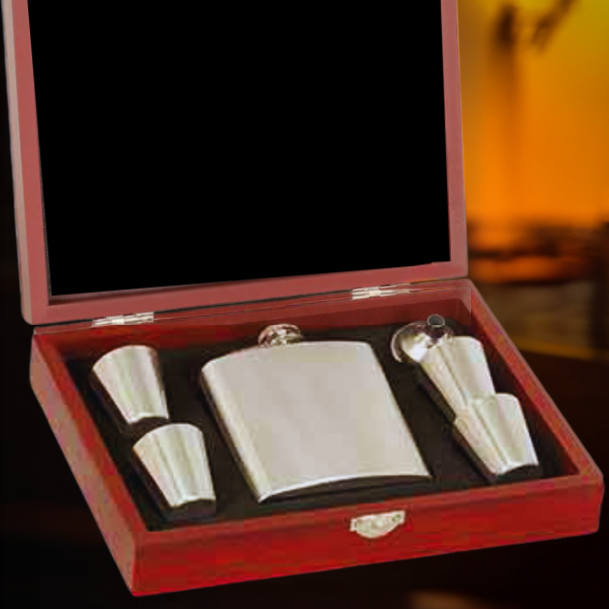 Whiskey Stainless Steel Flask and Shot Glasses in Wood Presentation Box