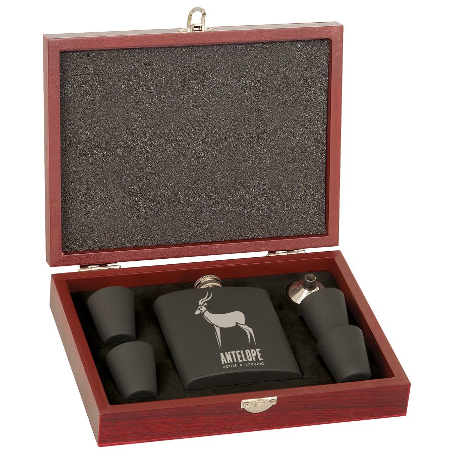Whiskey Stainless Steel Flask and Shot Glasses in Wood Presentation Box