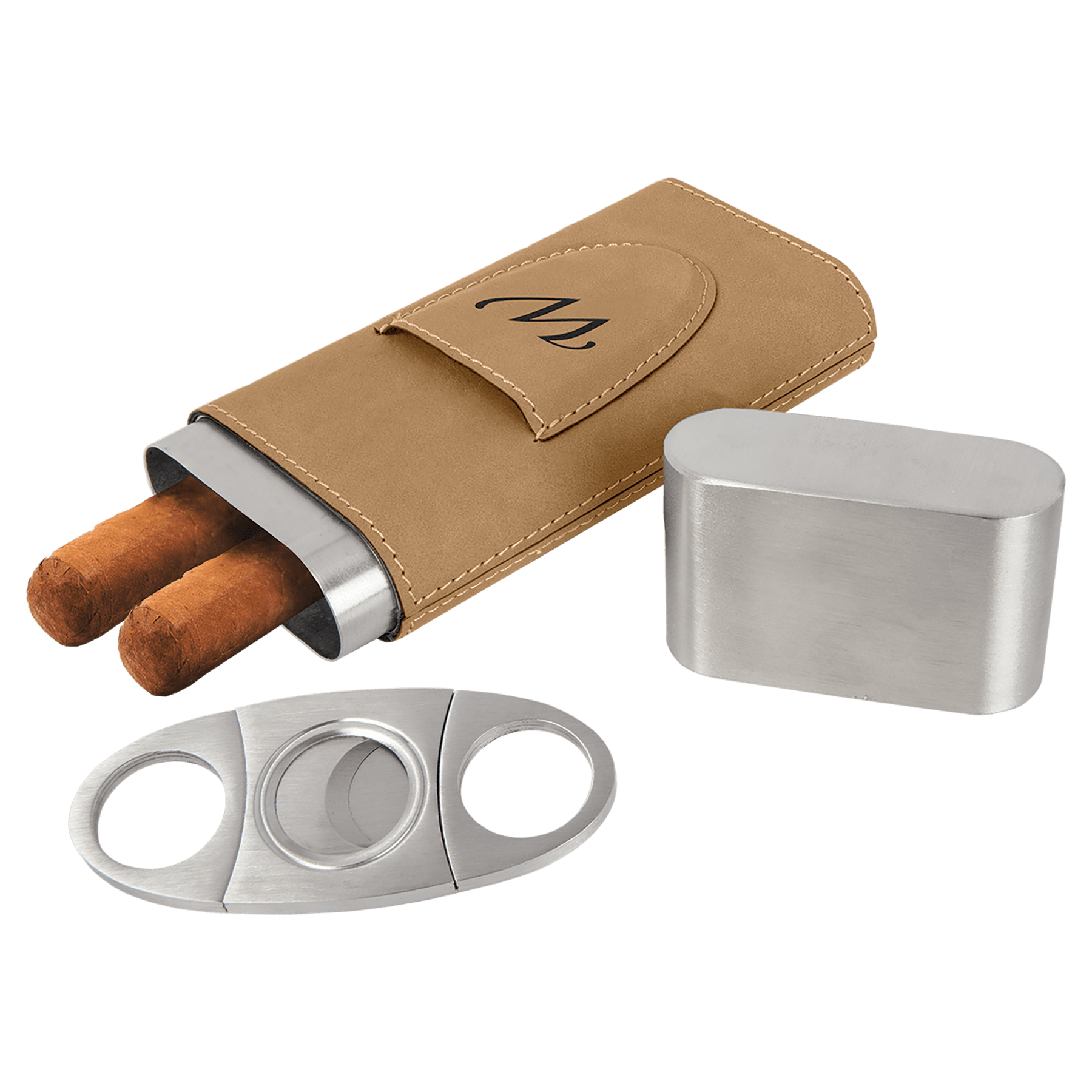 Cigar Steel and Leatherette Case with Cutter in a variety of Leather Colors