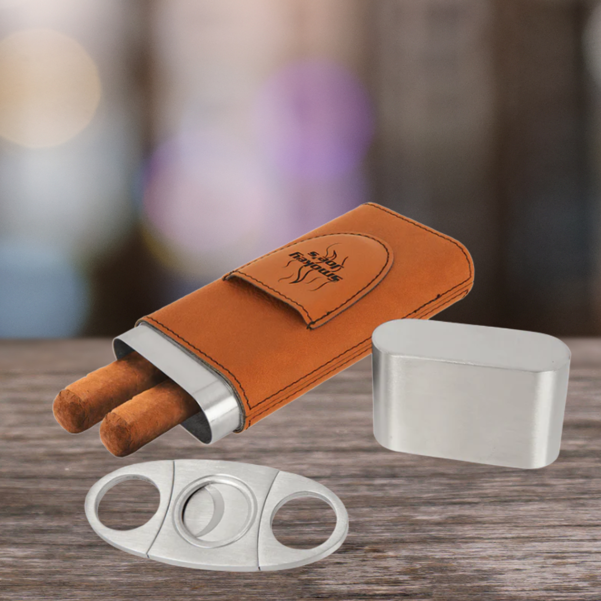 Cigar Steel and Leatherette Case with Cutter in a variety of Leather Colors