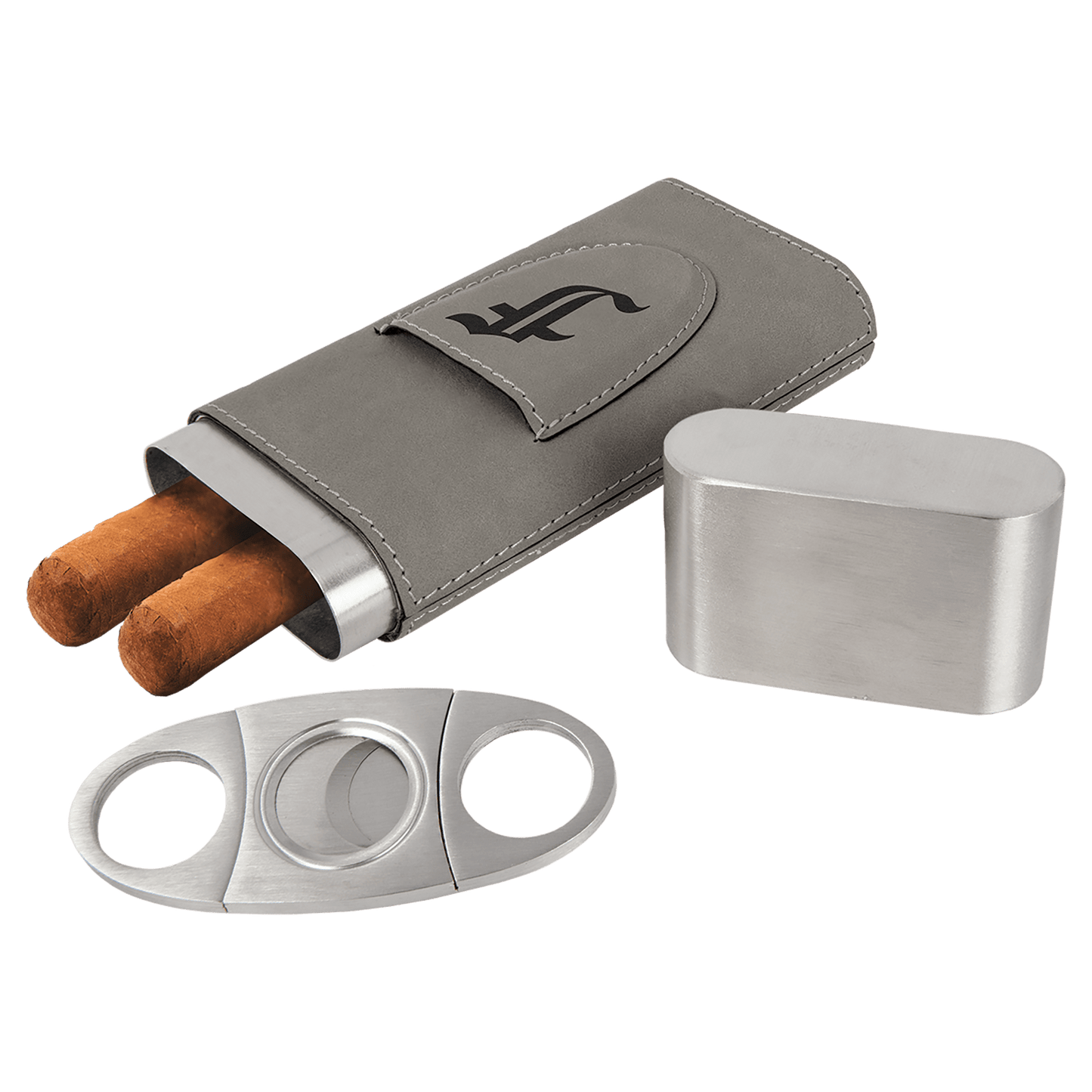 Cigar Steel and Leatherette Case with Cutter in a variety of Leather Colors
