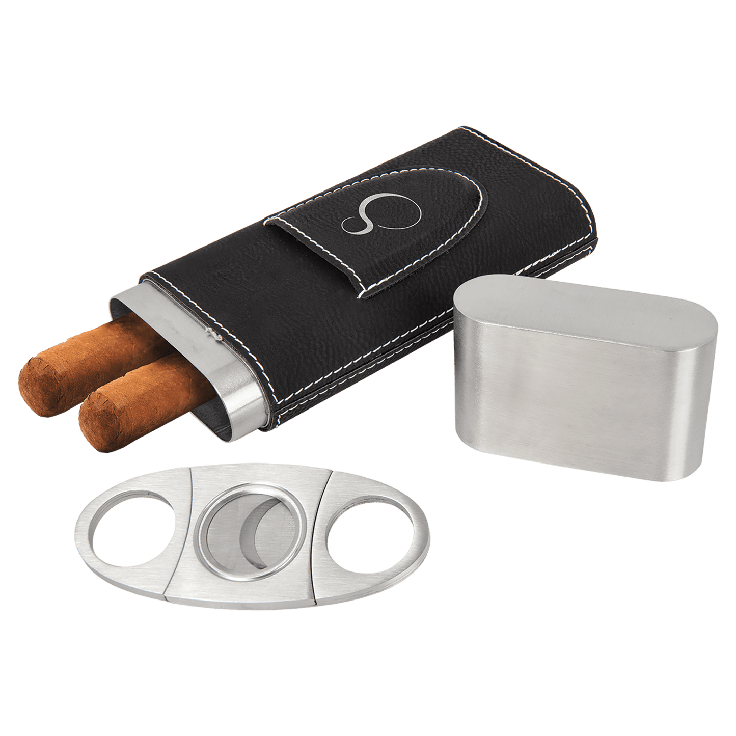 Cigar Steel and Leatherette Case with Cutter in a variety of Leather Colors