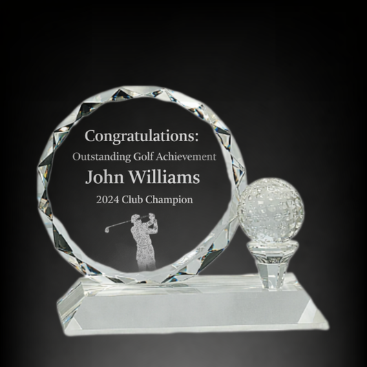 5 1/4"Round Facet Crystal with Golf Ball on Clear Pedestal Base