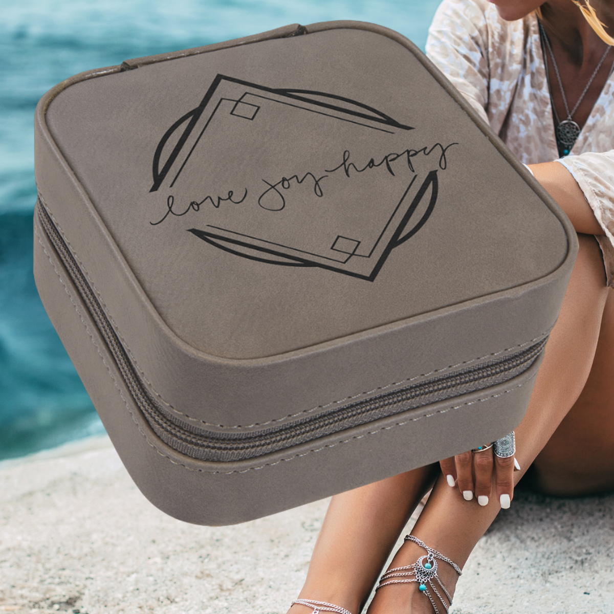 4" X 4" Dark Brown Laserable Leatherette Travel Jewelry Box with Tan Lining