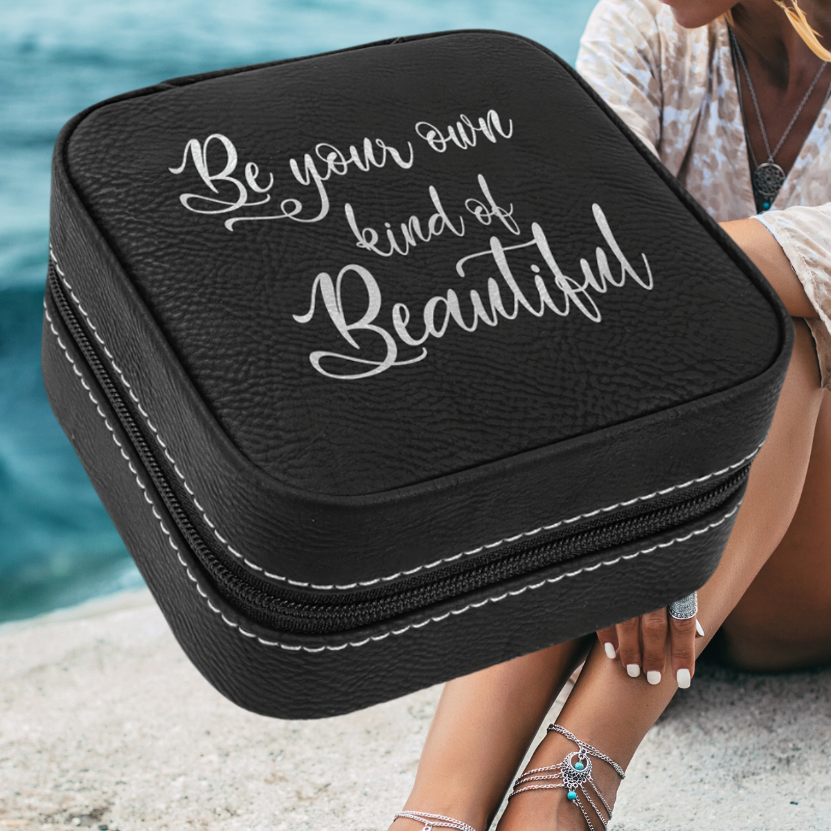 4" X 4" Dark Brown Laserable Leatherette Travel Jewelry Box with Tan Lining