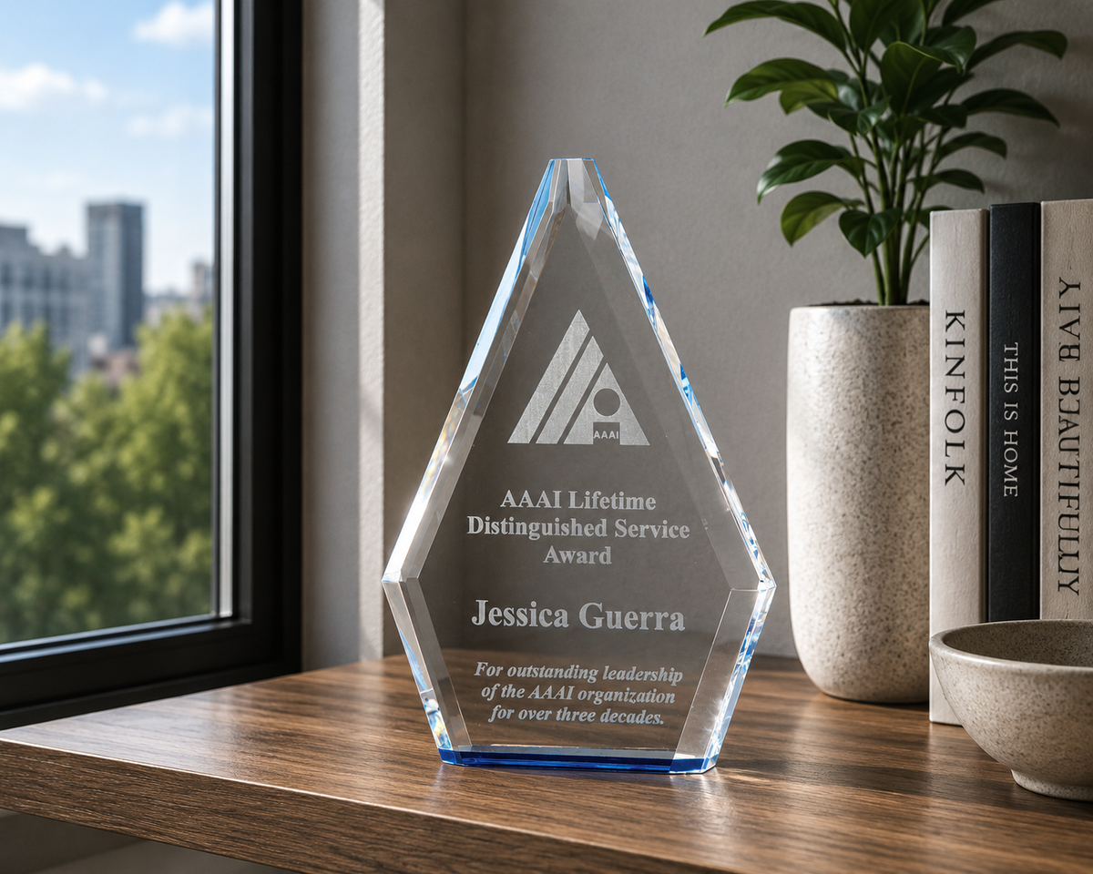 9" Flame Series Clear Crystal Award with Blue Accented Bottom
