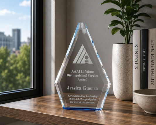 9" Flame Series Clear Crystal Award with Blue Accented Bottom