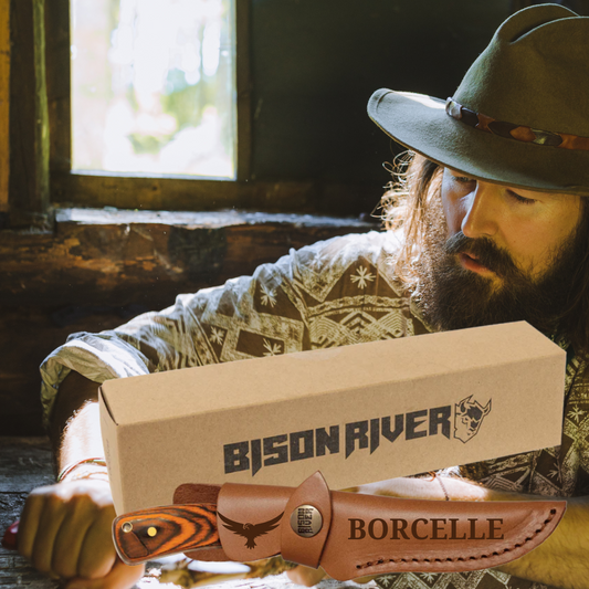 Bison River Knife with Wood Fixed Blade and Leather Sheath