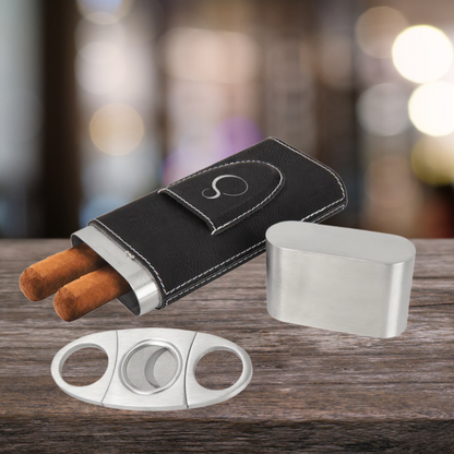 Cigar Steel and Leatherette Case with Cutter in a variety of Leather Colors