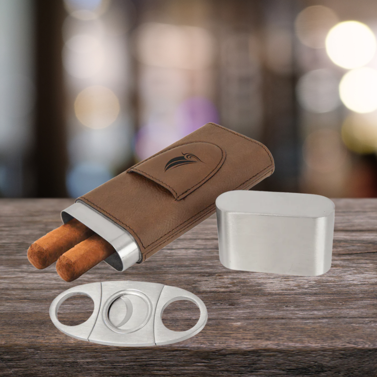 Cigar Steel and Leatherette Case with Cutter in a variety of Leather Colors