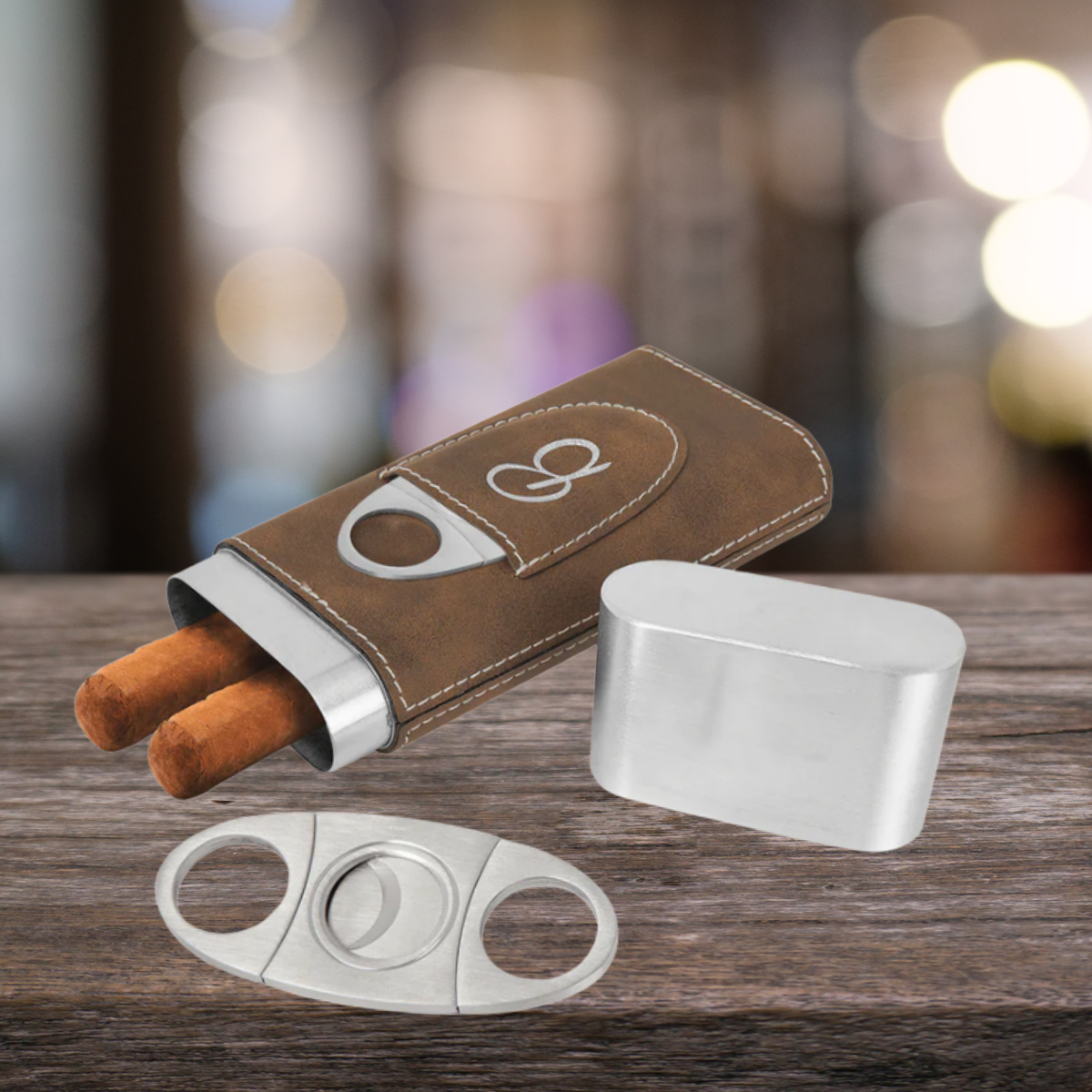 Cigar Steel and Leatherette Case with Cutter in a variety of Leather Colors