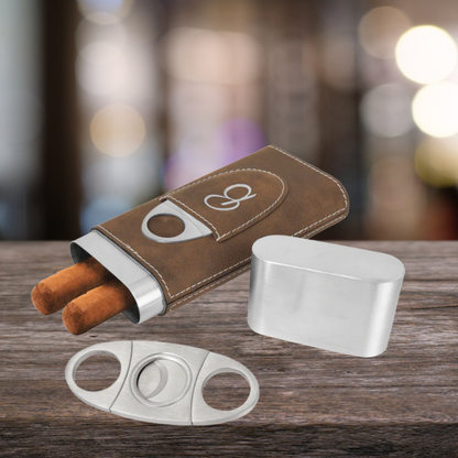 Cigar Steel and Leatherette Case with Cutter in a variety of Leather Colors