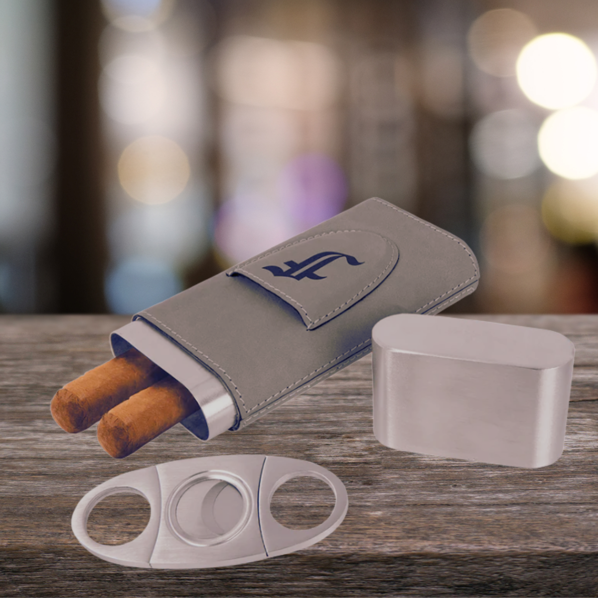 Cigar Steel and Leatherette Case with Cutter in a variety of Leather Colors