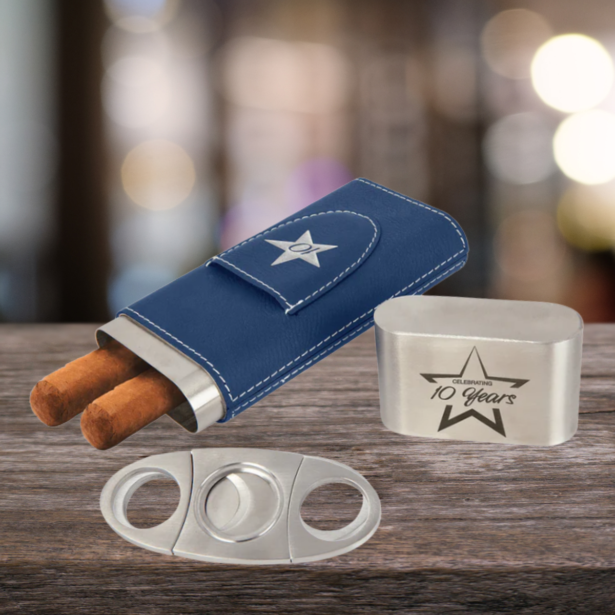 Cigar Steel and Leatherette Case with Cutter in a variety of Leather Colors