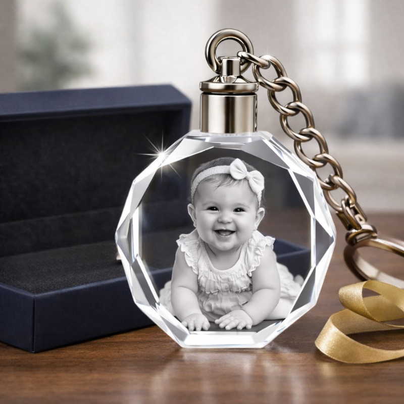 Octagonal Keychain 3D Crystal Octagon Keychain with LED Light | Custom Photo Engraving ...