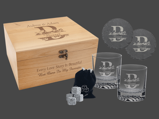 Red Alder Whiskey Set with Two 9 oz. Glasses, Two 4" Slate Coasters, and Eight Granite Whiskey Stones with a Black Velvet Bag