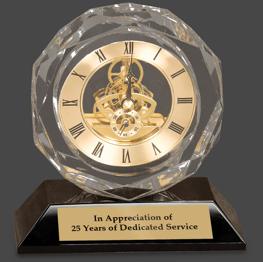 5 3/4" Clear Crystal Clock on Black Pedestal Base