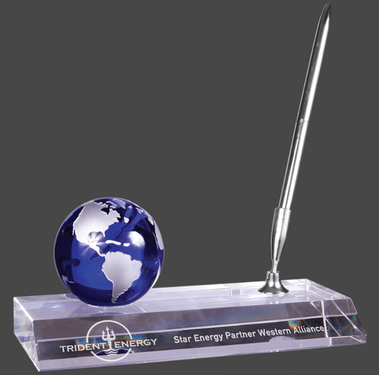 7" x 3" Blue Crystal Globe with Base and Pen