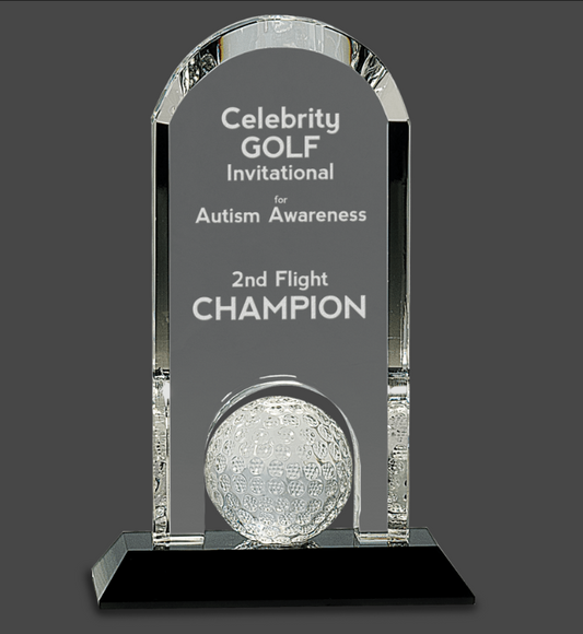 9" Clear Crystal Dome with Inset Golf Ball on Black Pedestal Base