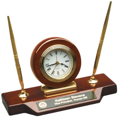 9" x 4 3/4" Piano Finish Desk Clock on Base with 2 Pens
