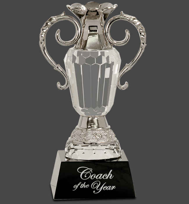 8" Crystal Cup with Silver Metal Handles on Black Pedestal Base