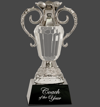 8" Crystal Cup with Silver Metal Handles on Black Pedestal Base