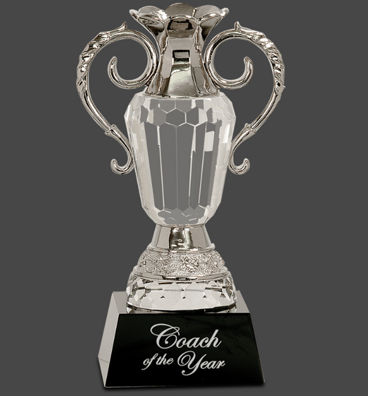 8" Crystal Cup with Silver Metal Handles on Black Pedestal Base