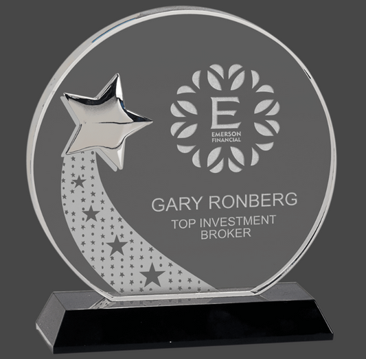 6 1/4" Round Crystal with Silver Star on Black Pedestal Base