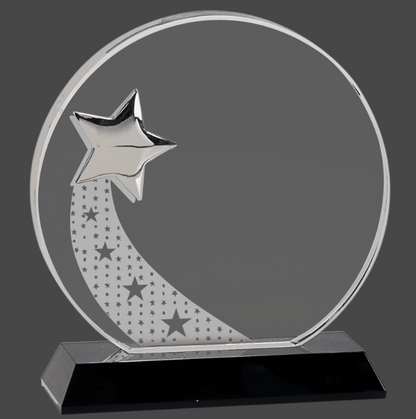 6 1/4" Round Crystal with Silver Star on Black Pedestal Base