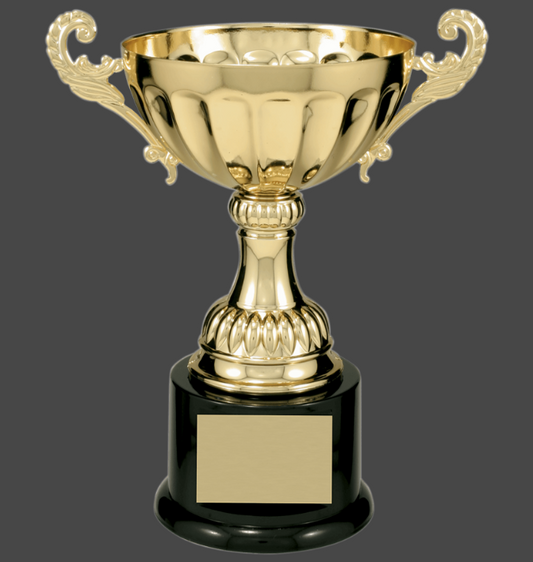 8 1/2" Gold Completed Metal Cup Trophy on Plastic Base