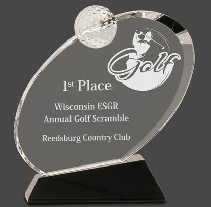6 1/2" Clear Crystal Oblong Golf Award on Black Crystal Base