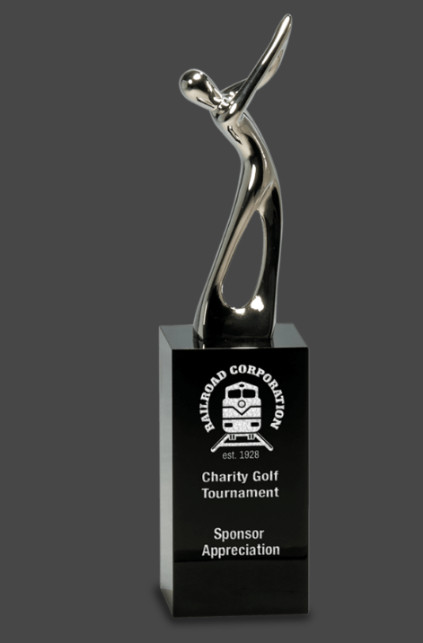 8 1/2" Silver Metal Golf Figure on Black Crystal Pedestal