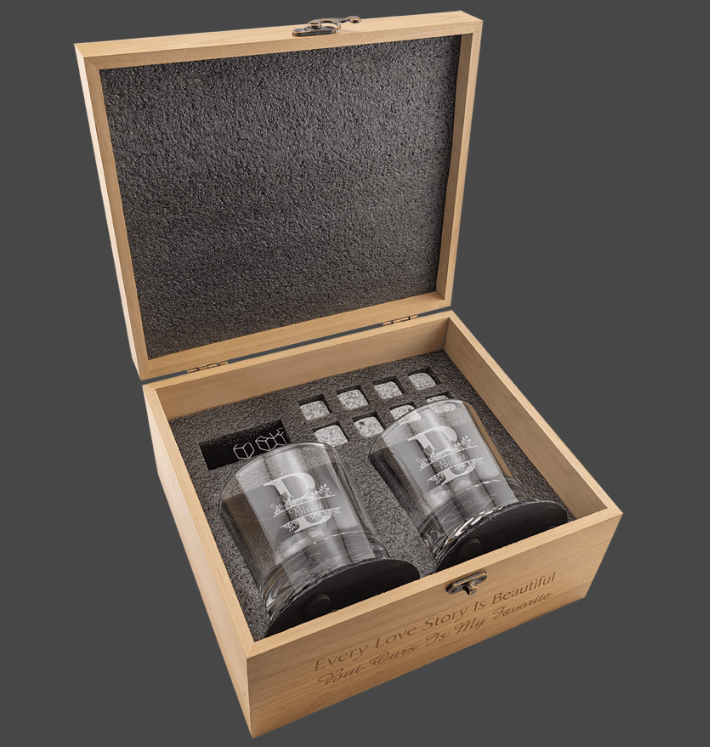 9 1/2" x 8 1/4" Red Alder Whiskey Set with Two 9 oz. Glasses, Two 4" Slate Coasters and Eight Granite Whiskey Stones with a Black Velvet Bag.