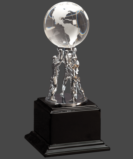 10" Clear Crystal Globe with Silver Men/Stand on Black Piano Finish Base