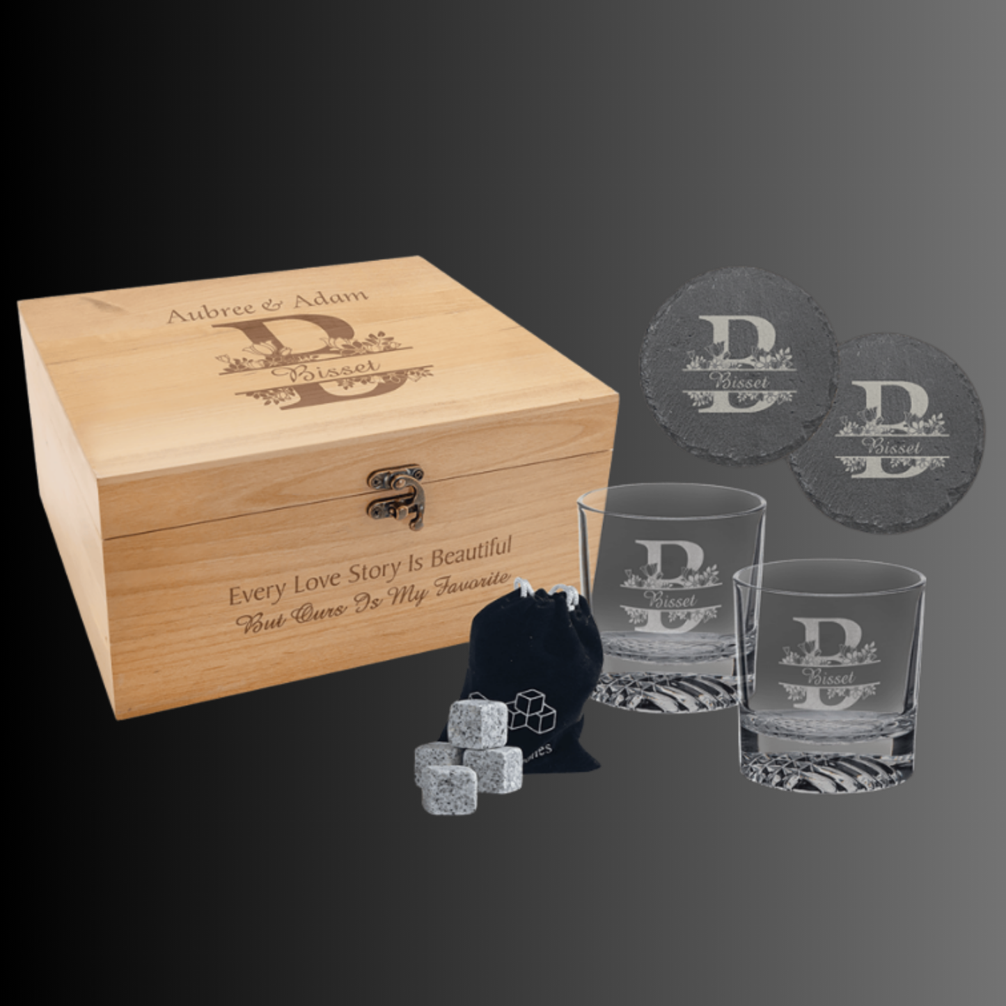 9 1/2" x 8 1/4" Red Alder Whiskey Set with Two 9 oz. Glasses, Two 4" Slate Coasters and Eight Granite Whiskey Stones with a Black Velvet Bag.