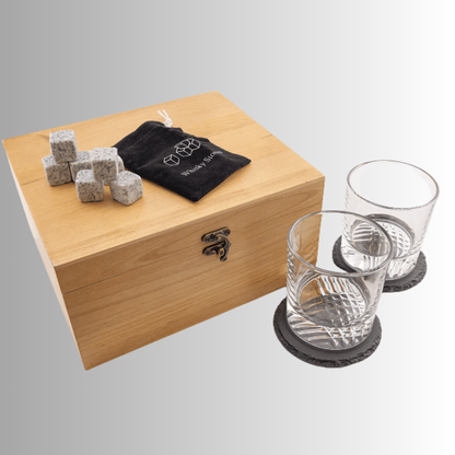 9 1/2" x 8 1/4" Red Alder Whiskey Set with Two 9 oz. Glasses, Two 4" Slate Coasters and Eight Granite Whiskey Stones with a Black Velvet Bag.